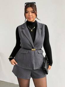 Firerie 大尺碼鈕扣背心外套與短褲套裝，優雅辦公商務工作套裝，適合女性秋冬日常外出穿著 - 深灰色 - 查看 6