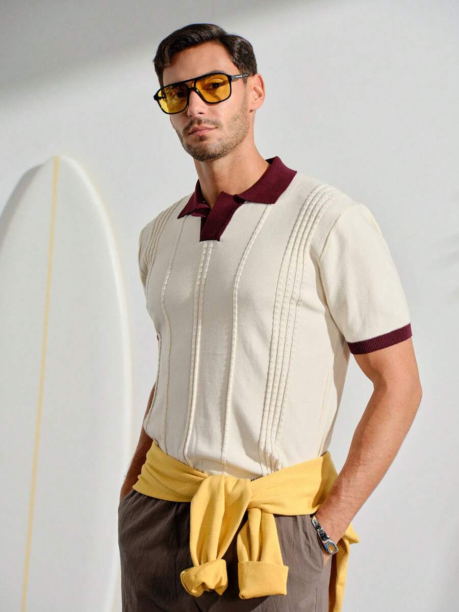 VeloEdit Men's Knit Polo Shirt Short Sleeve,Contrast Color Summer Casual Smart Casual Commuter Top,Solid Color Single-Breasted Versatile Vacation - White - View 1