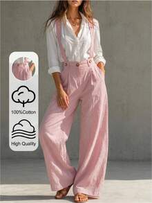 Solivie Women's Textured Sweet Button Pocket Pleated Suspender Pants Fashion - Pink - View 1