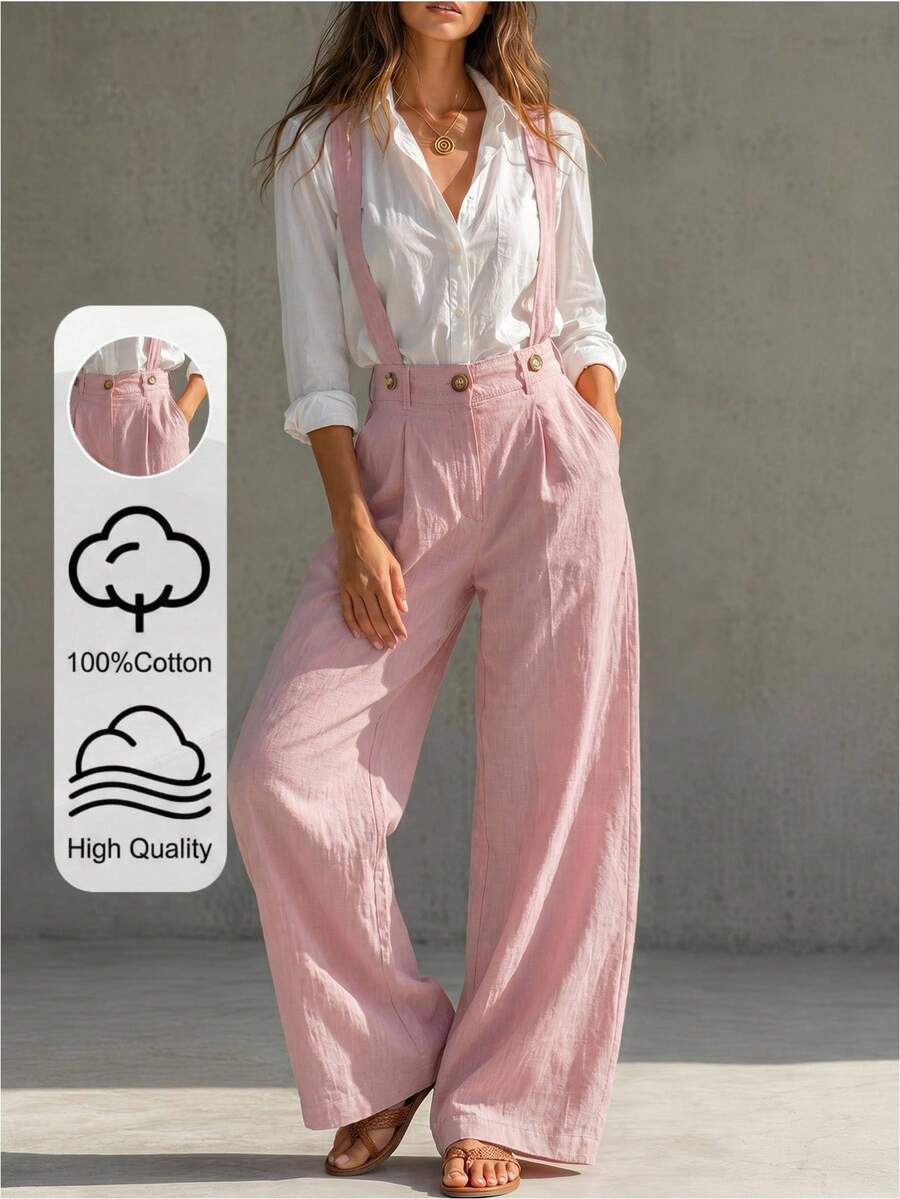 Solivie Women's Textured Sweet Button Pocket Pleated Suspender Pants Fashion - Pink - View 1