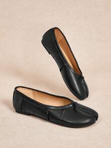 Rosivie Black Split-Toed Ballet Flats, Women's Low Vamp Soft Leather Versatile Commuter Shoes Fall Shoes - Black - View 2