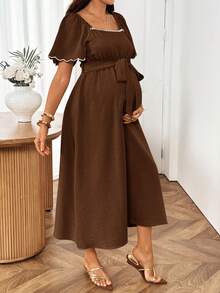 SHEIN Maternity Casual Vacation Belted Dress - Brown - View 7