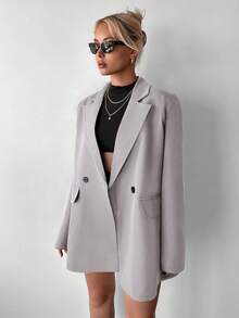 Ritzy Row Women's Casual Oversized Padded Shoulder Mid-Length Double-Breasted Blazer - Grey - View 4