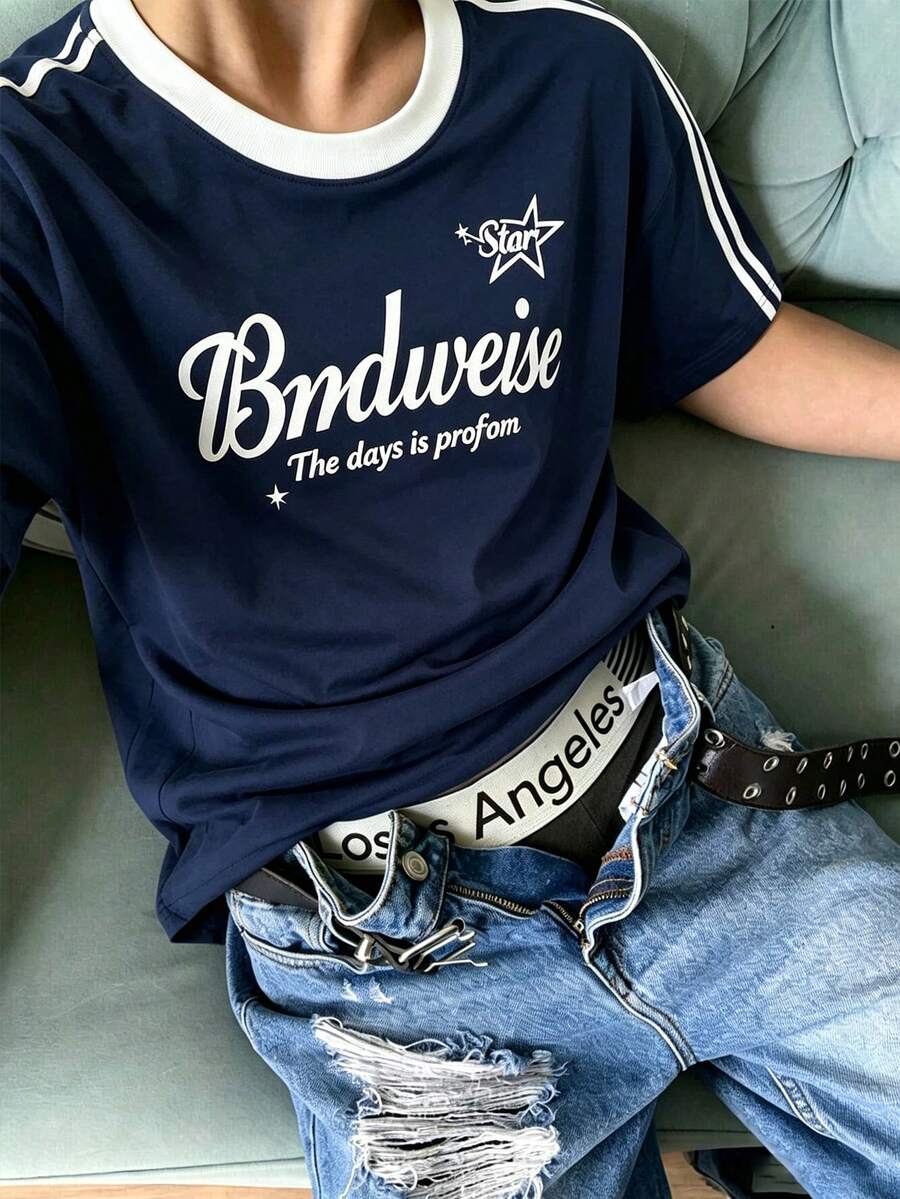 Resyla Men 男士復古街頭風寬鬆版型短袖拼色T恤 - 白色 - 查看 1