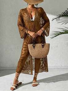 Swim Vcay Kimono de malla transparente con bordado de vacaciones en la playa - Café integral - Ver 6