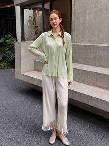 Zaforene Women's Solid Color Long Sleeve Single-Breasted Casual Top Office Sage Green Fall - Green - View 2