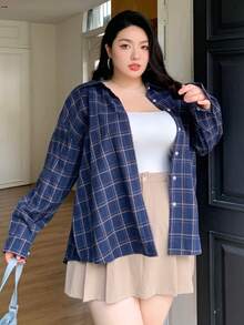 Dazy Plus 大码女式宽松落肩长袖格纹衬衫，春秋季，法兰绒女式格子 - 藏蓝色 - 查看 7