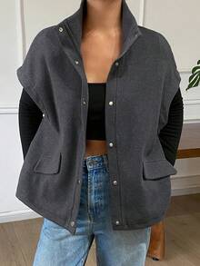 DAZY Women's Solid Color Loose High Neck Sleeveless Vest Jacket, Wool Blend Outerwear With Drawstring Hem, Casual Street Style Vacation Spring/Autumn Regular Jacket - Grey - View 2