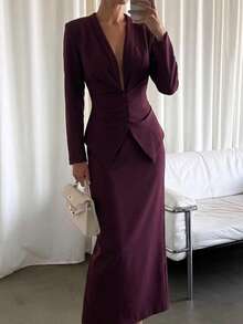 Firerie 女款優雅時尚通勤返校教師穿搭，休閒百搭街頭風，收腰設計，百褶寬墊肩收腰西裝外套配長裙，梅紫色套裝 - 中紫紅色 - 查看 4