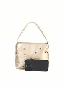 Glamine Plain Elegant Fashion Minimalist Satin Pearl Magnetic Triangular Handbag, For Parties, Weddings, Galas, Gatherings - Champagne - View 7