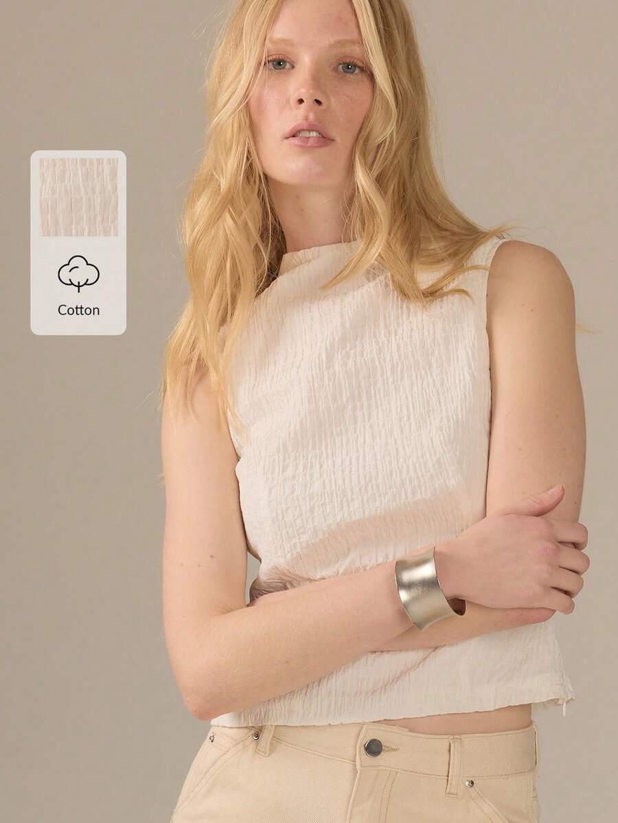 KÆRIA Hus Áo kiểu vỏ dệt - Cotton co giãn vân nổi - Trắng ngà - Phong cách hiện đại thanh lịch tối giản, Travel Edit, nhẹ, thoải mái, phù hợp văn phòng, brunch, mùa hè - trắng - Xem 1