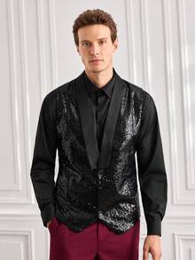 Officeau Men's Black Sequin Waistcoat, Glamorous Tuxedo For Party/Stage/Performance, Gift For Father/Husband - Black - View 4