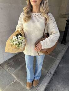 Freevana Boho Soft Form Allover White Ribbed Knit Sweater With Crochet Yoke Off-Shoulder Neck Cozy Autumn Party Office Date Night Top Pullovers For Women Fall - White - View 4