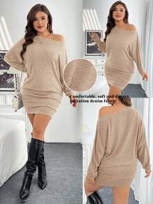 SHEIN Essnce Plus-Size Women's Cold Shoulder Dress, Diagonal Dress, Black Dress,Black Mini Dress Fall - Camel - View 7