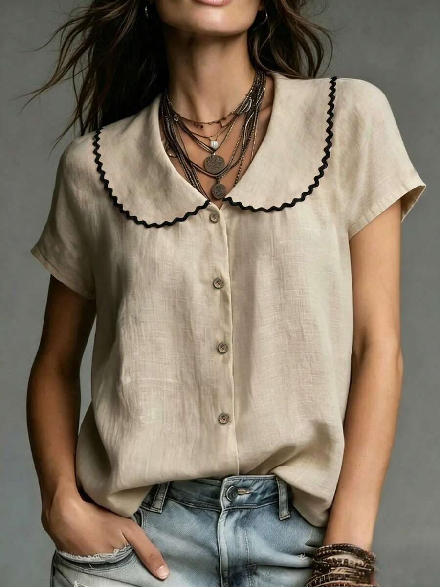 SHEIN Franclia 女士休闲衬衫、优雅衬衫、复古法式衬衫、夏季上衣、简约日常衬衫、正式办公衬衫、通勤度假衬衫、米色衬衫、刺绣衬衫