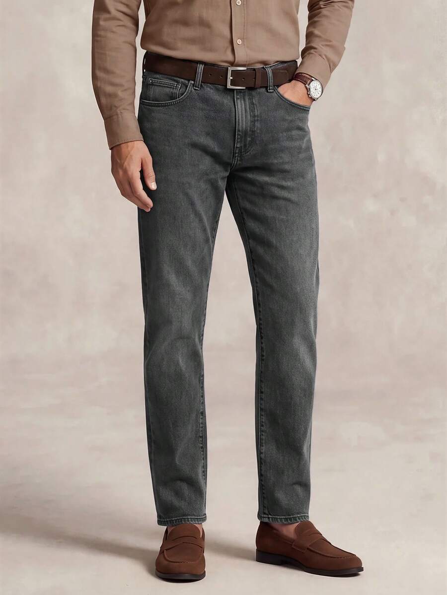 Lornavo Celana Jeans Denim Kasual Serbaguna Pria untuk Pemakaian Sehari-hari dengan Saku dan Kancing - Dark Grey - View 1