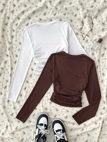 Teen Girls T-Shirts Brown & White Knitted Ruched Waist Square Neck Long Sleeve Inner Layer Multi-Piece Set - Multicolor - View 3