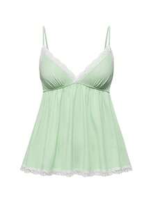 ROMWE Women's Summer Contrast Lace Camisole Top And Shorts Pajama Set - Green - View 5