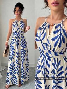 Elenzga Women's Spring/Summer Apricot Elegant Casual Beaded Design Sleeveless Fitted Slim Fit A-Line Dress - Blue - View 5