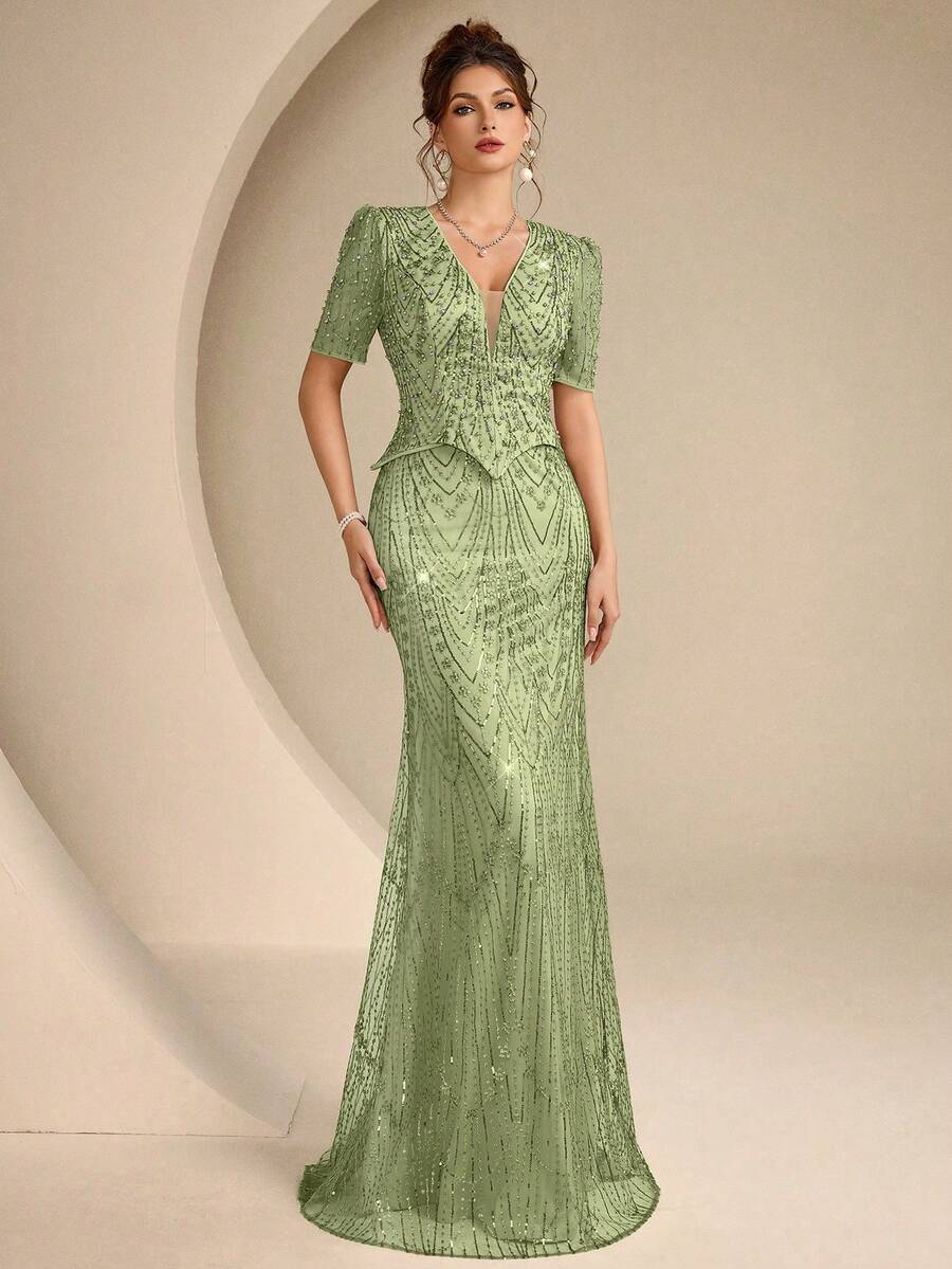 Coutiva 優雅亮片刺繡深V領二合一洋裝,附魚尾裙擺,適合正式晚宴、婚禮賓客穿著、派對禮服、新娘母親婚禮禮服及畢業典禮洋裝 - 綠色 - 查看 1