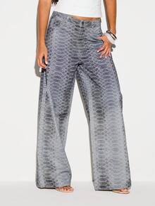 KIZN Snake Print Wide Leg Jeans With High Rise Fit And Full Length Flared Silhouette For Casual Occasions - Multicolor - View 3