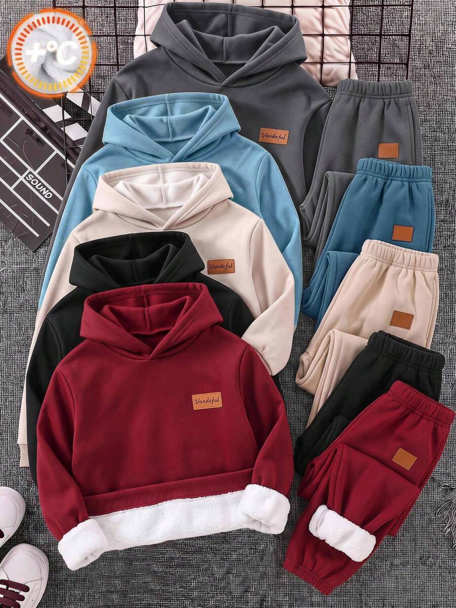 SHEIN Celana Jogging Kasual Anak Laki-Laki Remaja Motif Huruf Patchwork Berlapisan Termal untuk Musim Gugur