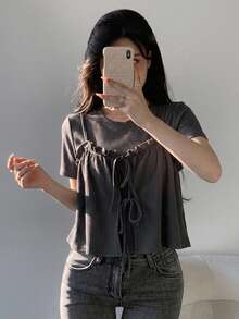 FRIFUL 2pcs/Set Women's Bowknot Frill Trim Short Sleeve Top, Loose Fit Crew Neck Lounge Sets For Women - Grey - View 2