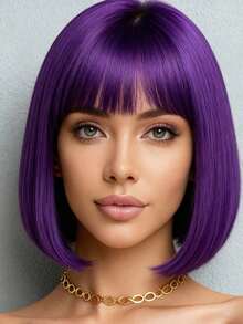 9.8 Inch Short, Synthetic Wig With Purple Bangs, Party Wig, Perfect For Halloween, Role-Playing, And Holiday Gatherings, Special Occasions - Dark Purple - View 1