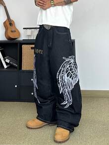 STEELVANCE 街頭風復古時尚百搭刺繡設計寬鬆直筒寬腿休閒牛仔褲（不含腰帶與配件） - 黑色 - 查看 5