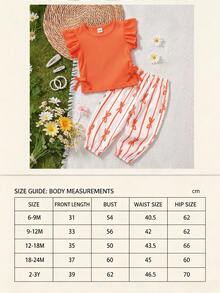 SHEIN Vintaside Kids 2件組女嬰可愛夏季度假紅色與白色幼兒嬰兒女童波西米亞風羅紋橘色荷葉袖蝴蝶結緞帶套裝 - 橘色 - 查看 8
