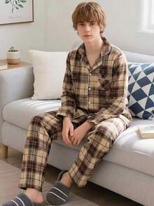 Set Pakaian Santai Kasual Nyaman untuk Remaja Laki-laki Motif Kotak-kotak dengan Kerah Terbuka di Depan, Lengan Panjang dan Celana Panjang - MultiWarna - View 5