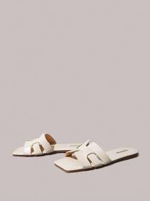Styleloop Sandalias retro de punta cuadrada tejidas, zapatillas planas de suela exterior, zapatos versátiles para mujer para uso diario, desplazamientos y vacaciones - Blanco roto - Ver 6