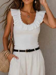 Solivie Women's Solid Color Patchwork Ruffle Trim Fitted Sleeveless Top Vacation White Summer Elegant - White - View 6