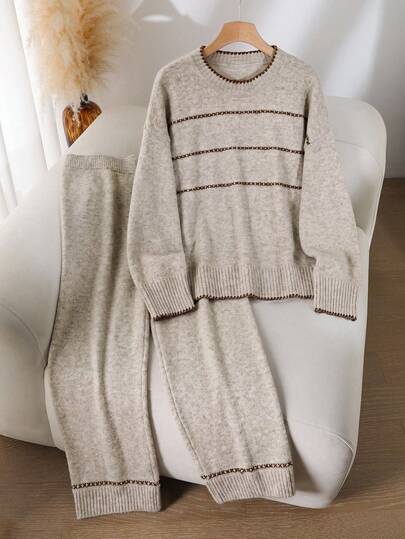 CosyJoli Plus Size Elegant French Casual Premium Minimalist Knit Sweater & Bottom 2-Piece Set For Women Autumn/Winter