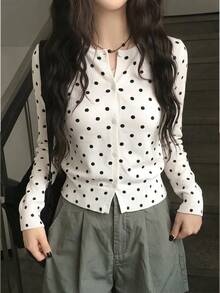K-Vae Women's Polka Dot Casual Frenchy Elegant French Vintage Cute Versatile Daily Wear Office Brunch School Cardigan Date Holiday White And Black Autumn - Beige - View 5