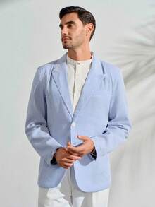 VeloEdit Men Business Casual Striped Lapel Long Sleeve Button Front Blazer, Ceremony, FormalFall Winter Commute‌ Old Money Wedding - Baby Blue - View 6