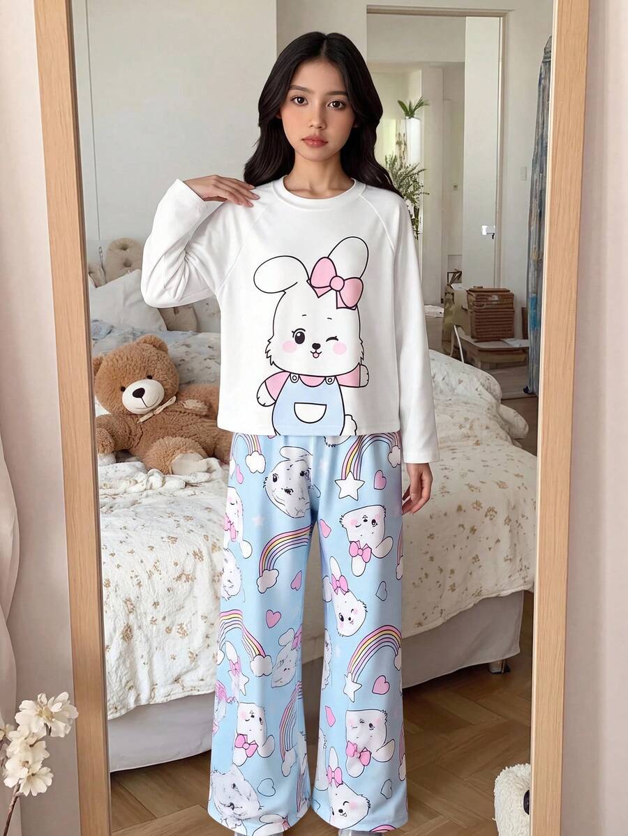 女童可爱兔子印花休闲宽松圆领短袖上衣和裤子套装 - 藍色 - 查看 1