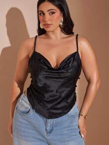 SHEIN BAE CURVE 大尺碼女款白色珍珠串珠垂領背心上衣 - 黑色 - 查看 6