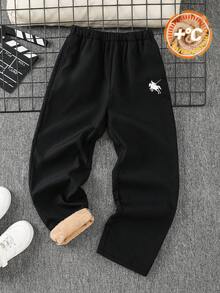 SHEIN 兒童青少年男孩休閒寬鬆保暖內裡加厚黑色長褲，基礎下裝，適合秋冬、學校、家庭聚會，秋季穿搭，冬季穿搭 - 黑色 - 查看 3