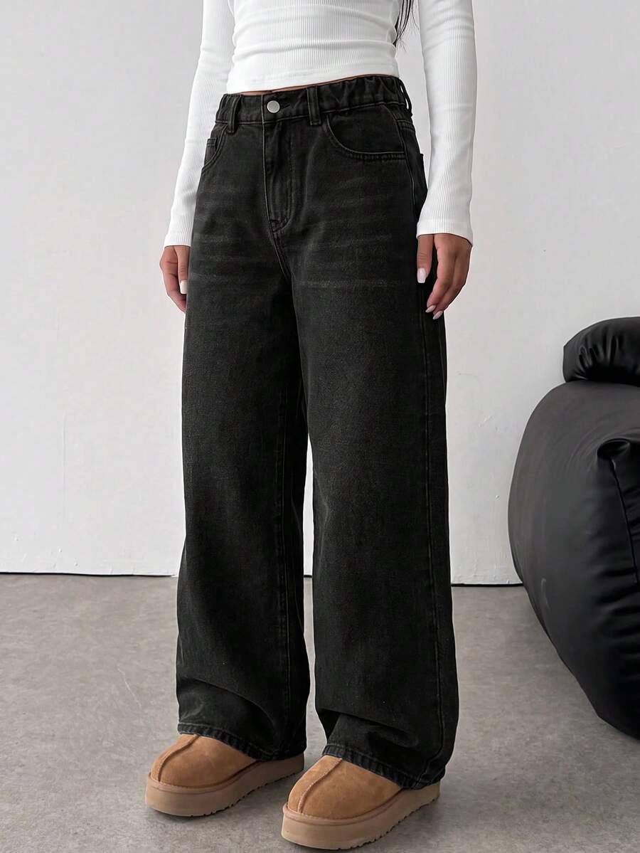 SHEIN 少女休閒水洗寬鬆牛仔長褲 秋冬休閒服飾 - 黑色 - 查看 1