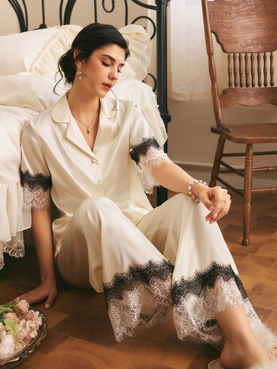 Côtesoire Women's Lace Patchwork Top And Pants Pajama Set - Apricot - View 1