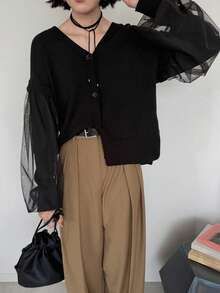 FRIFUL Cardigan Wanita Model Korea Baru untuk Awal Musim Gugur, Motif Patchwork, Bagian Bawah Berbahan Jala Transparan dengan Belahan di Bagian Depan. - Hitam - View 5