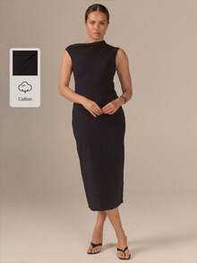 KÆRIA Hus Asym Ruched Hug Maxi Dress - Contour Stretch Cotton - Black - Party Everyday Semi Formal Dinner Valentine Day Summer Minimalist Elegant - Black - View 7