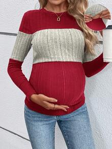 SHEIN Maternity Casual Color Block Spring/Autumn Long Sleeve Round Neck Nursing Top Long T-Shirt Fall - Red - View 1