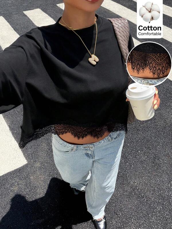 Muchica Women's Lace Patchwork Casual Versatile Daily Wear T-Shirt Cotton Lace Stand Collar Asymmetric Hem Slim Fit Elegant T-Shirt Y2k Summer White Elegant