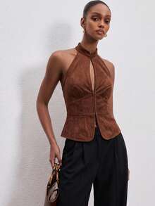 ATUI Studio Women's Brown Halter Neck Top With Buttons – Stretchy Fitted Blouse, Everyday Essential For Fall, Daily & Work - Coffee Brown - View 3