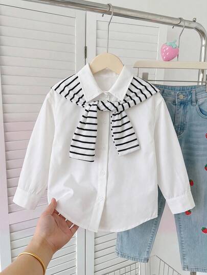 SHEIN Young Girl Cute Casual Versatile Preppy Style White Long Sleeve Peter Pan Collar Blouse