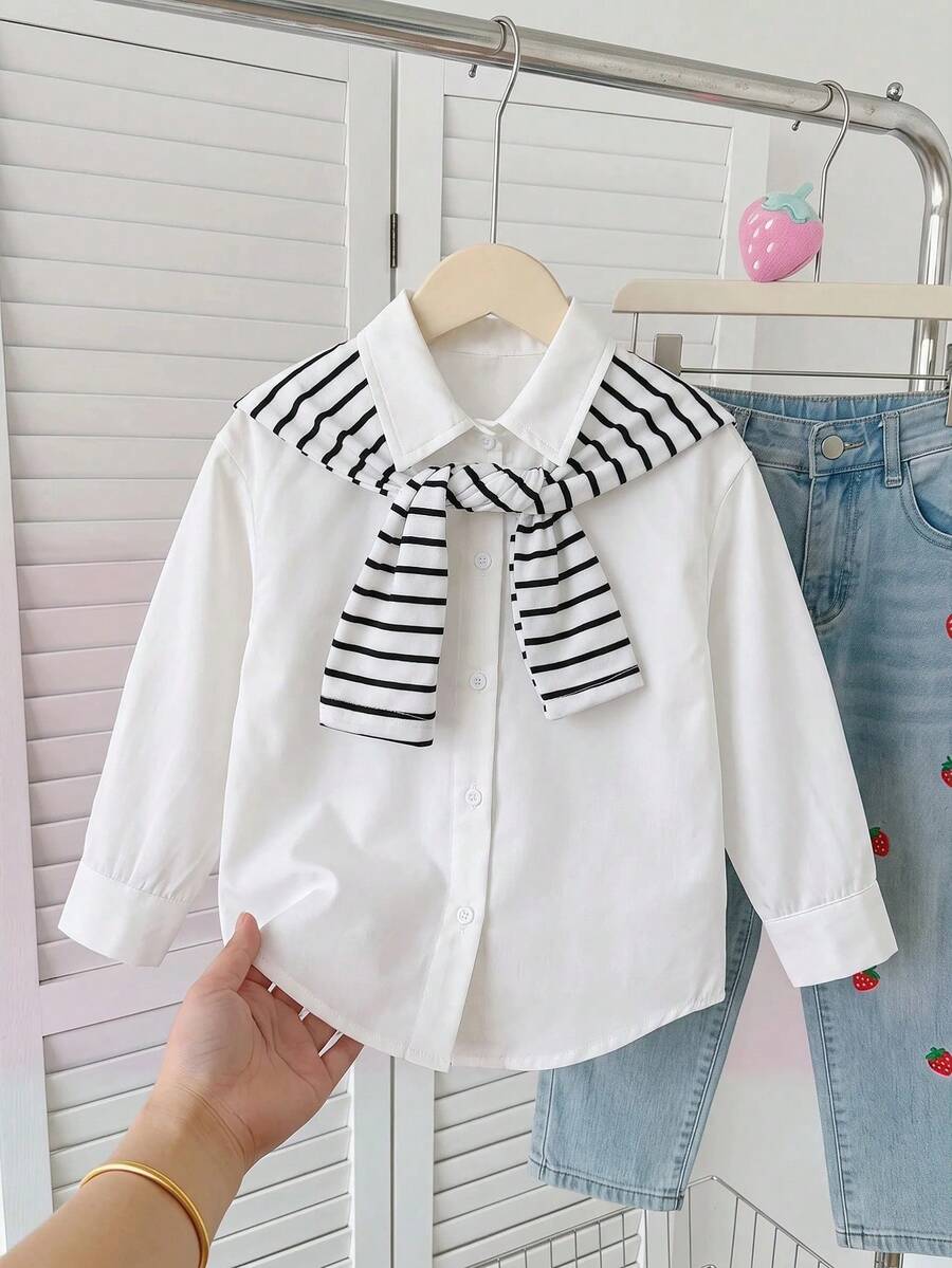SHEIN 女童可愛休閒百搭學院風白色長袖彼得潘領襯衫 - 白色 - 查看 1