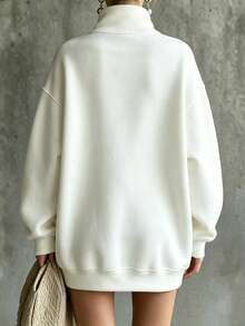 SHEIN Pure White Solid Color Knit Fabric Stand Collar Diagonal Single-Breasted Round Metal Button Placket Dropped Shoulder Loose Lantern Long Sleeve Ribbed Hem Mid-Length Casual Open-Front Sweatshirt - White - View 3