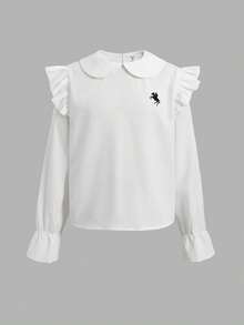 SHEIN TweenGirl 女孩上衣，適合前青春期女孩的優雅襯衫，青少年女孩正式上衣，女孩服飾，校服，白色上衣，返校季 - 白色 - 查看 6